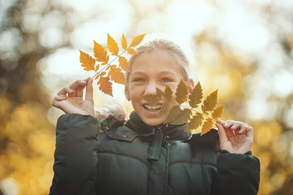 Hermosa Adolescente Está Sosteniendo Hojas Otoño Sobre Cara Parque Divertirse —  Fotos de Stock