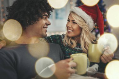 Genç ve mutlu bir çiftin portresi Noel 'i evde bir dairedeki bir kanepede çay içerek kutluyor..