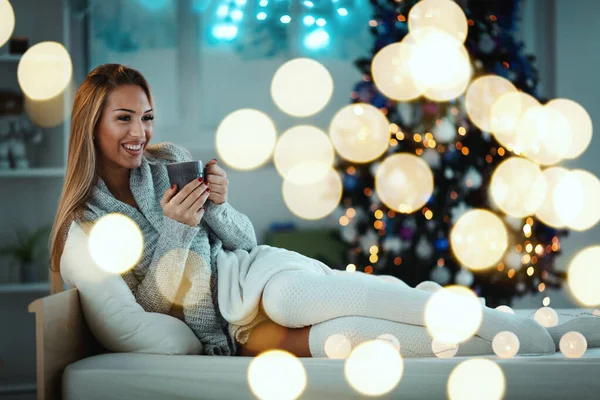 Cute Young Smiling Woman Sitting Bed Holding Cup Coffee Surrounded — Stock Photo, Image