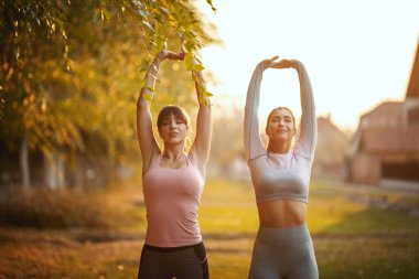 Mutlu iki bayan arkadaş güneşli bir günde doğada koşmadan önce alıştırma yapıyorlar..