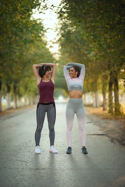 Ευτυχισμένες Δύο Νεαρές Γυναίκες Κάνουν Ασκήσεις Προθέρμανσης Πριν Τρέξουν Κατά — Φωτογραφία Αρχείου