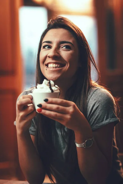 Smiling Young Woman Drinking Coffee Whipped Cream While Sitting Cafe — Stock Photo, Image