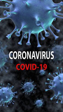 Coronavirus hastalığı COVID-19 tıbbi web pankartı SARS-CoV-2 virüs molekülü ve arkaplanda yazı. Dünya salgını 2020. Dikey 3B illüstrasyon.