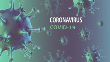 Coronavirus hastalığı COVID-19 tıbbi web pankartı SARS-CoV-2 virüs molekülü ve arkaplanda yazı. Dünya salgını 2020. Yatay 3B illüstrasyon.