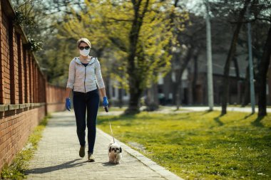 Tıbbi koruyucu maskeli bir kadın, grip virüsü salgını ve koronavirüs salgını sırasında sevgili küçük Shih Tzu köpeğiyle şehir yolunda yürüyor..