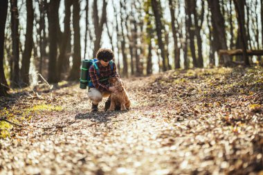 Mutlu gülümseyen yakışıklı adam orman yolunda sevgili sevimli köpeğiyle yürüyor güzel güneşli bir günde ormanda manzaranın tadını çıkarıyor..