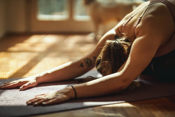 若い女性は自宅のリビングルームでヨガの瞑想をしています 彼女は朝の日差しの中で床のマットで瞑想している — ストック写真