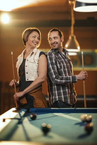 Young Smiling Cheerful Couple Playing Billiards Bar Work Having Fun — Stock Photo, Image