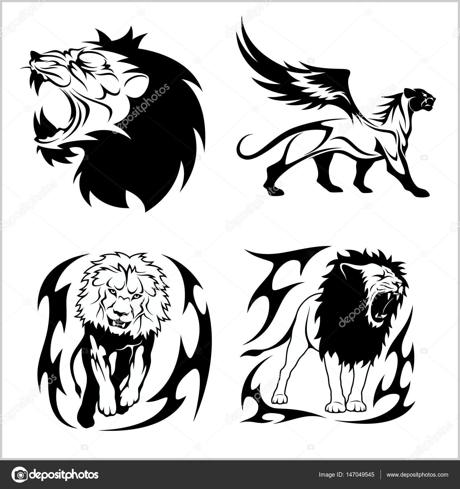 Tribal lions. Set of black and white vector illustrations. Stock Vector ...