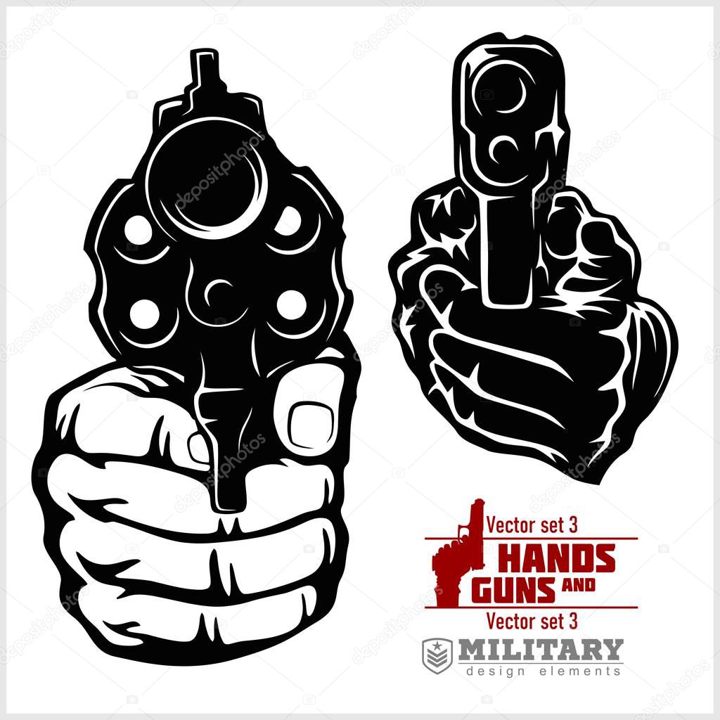 Hands with Guns - pistol pointed. At Gunpoint. Vector set isolated on