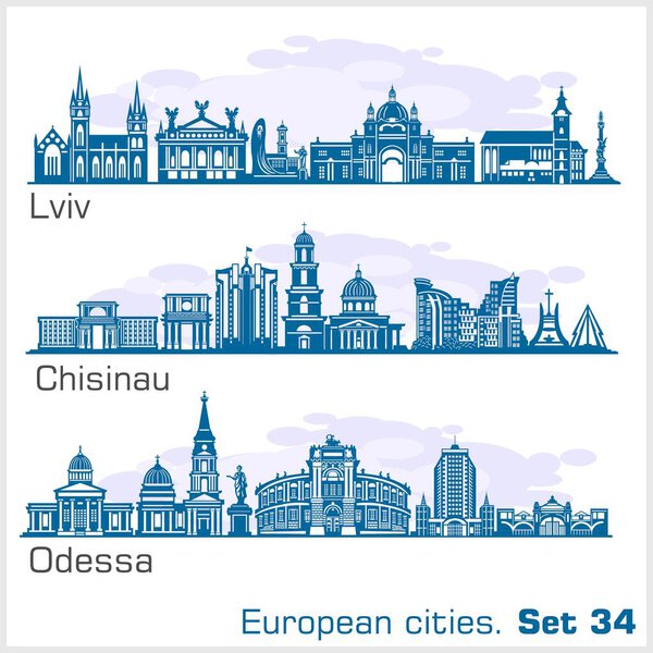 Odessa, Lviv, Chisinau - European City skyline set. Vector silhouette on white illustration.