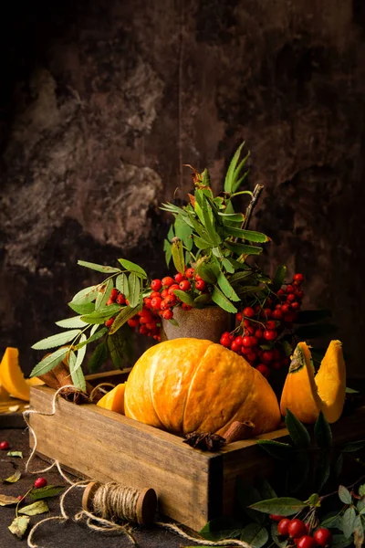beautiful autumn still life with whole pumpkin and slices in wooden basket with bouquet of rowan branches