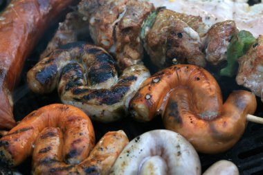 Etler bir dizi serbest zaman bir aile piknik sırasında ızgarada pişmiş. Açık havada yaz dinlenmek.