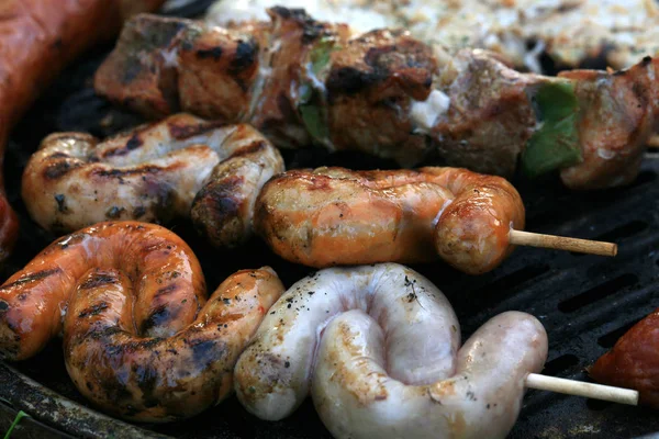 Egy Sor Húsok Sült Grill Alatt Egy Családi Piknik Szabad — Stock Fotó