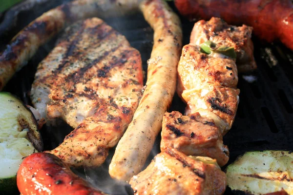在免费的家庭野餐期间 在烤架上烤的一组肉 开放空气中的夏季放松 — 图库照片
