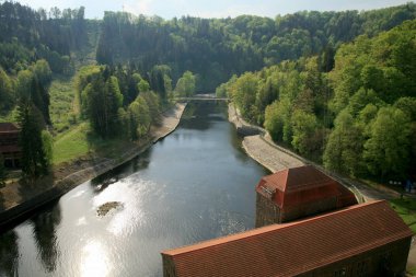 Polonya 'nın Pilchowice şehrindeki Bobr Nehri' nde hidroelektrik santrali ve baraj. Teknik anıt ve turistik eğlence..