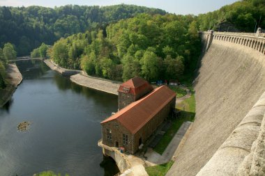 Polonya 'nın Pilchowice şehrindeki Bobr Nehri' nde hidroelektrik santrali ve baraj. Teknik anıt ve turistik eğlence..