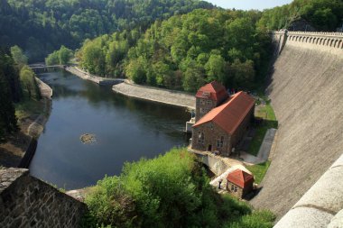 Polonya 'nın Pilchowice şehrindeki Bobr Nehri' nde hidroelektrik santrali ve baraj. Teknik anıt ve turistik eğlence..