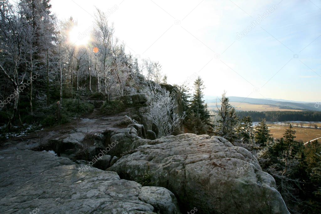 Naroznik, peak with lookout in the Table Mountains ( Gory Stolowe ), National Park, popular tourist attraction, Poland. Sunrise.