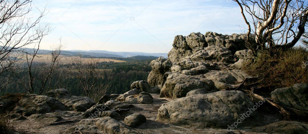 Naroznik, peak with lookout in the Table Mountains ( Gory Stolowe ), National Park, popular tourist attraction, Poland. 