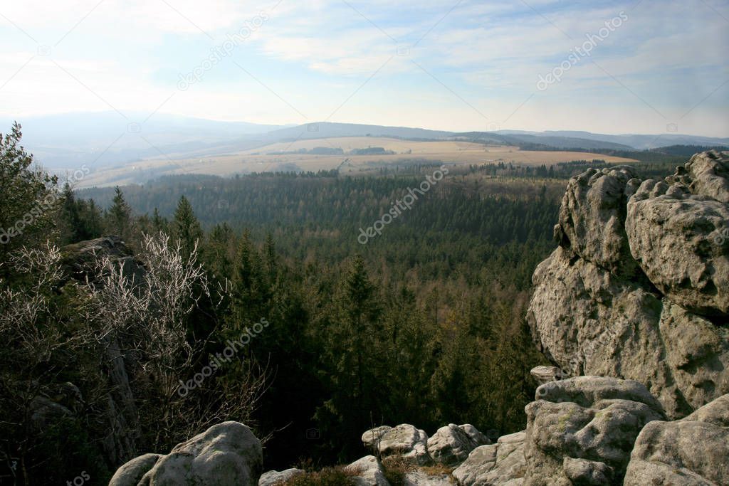Naroznik, peak with lookout in the Table Mountains ( Gory Stolowe ), National Park, popular tourist attraction, Poland. 