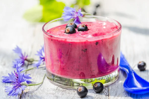 Morning garden yoghurt cocktail black currant — Stock Photo, Image