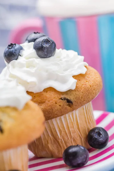 Süße leckere Muffins Sahne Preiselbeeren — Stockfoto