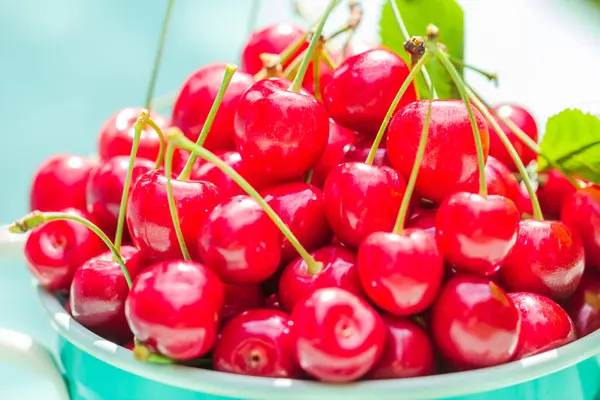 Fresh red cherry fruit green colander — Stock Photo, Image