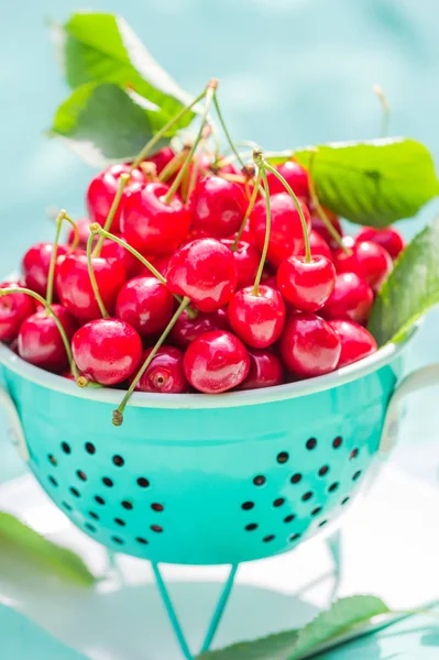 Fresh red cherry fruit green colander — Stock Photo, Image