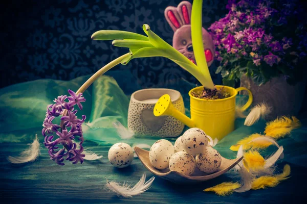 Composição de Páscoa jacinto penas de ovos de Páscoa — Fotografia de Stock