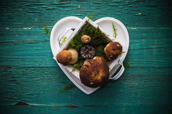 Boletus caja en forma de corazón mesa de madera —  Fotos de Stock