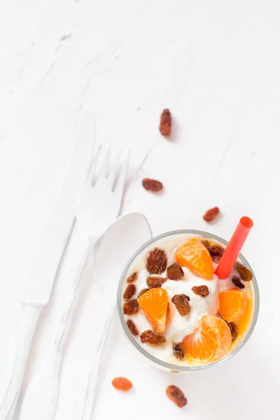 Postre Fruta Yogur Mandarina Frutas Frescas Pasas — Foto de Stock