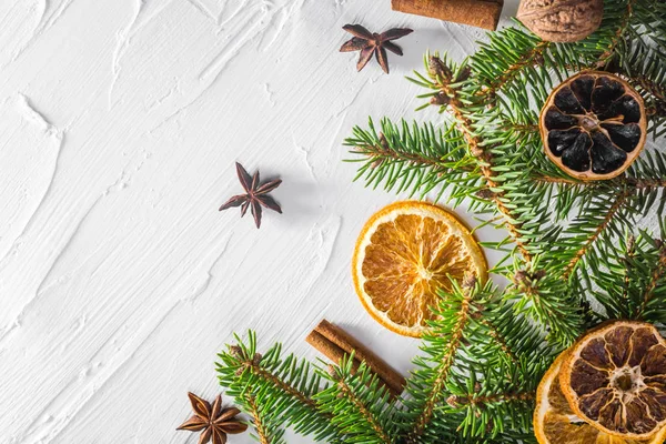 Navidad blanco fondo fresco ramitas coníferas árbol seco cítricos — Foto de Stock