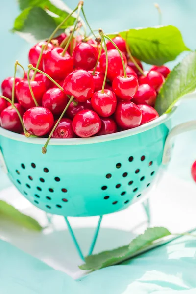 Fresh Red Cherry Fruit Green Colander — Stock Photo, Image