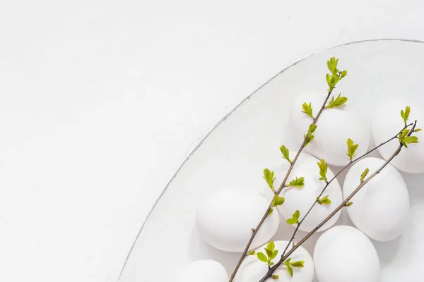 Witte eieren voorjaar twijgen schotel — Stockfoto