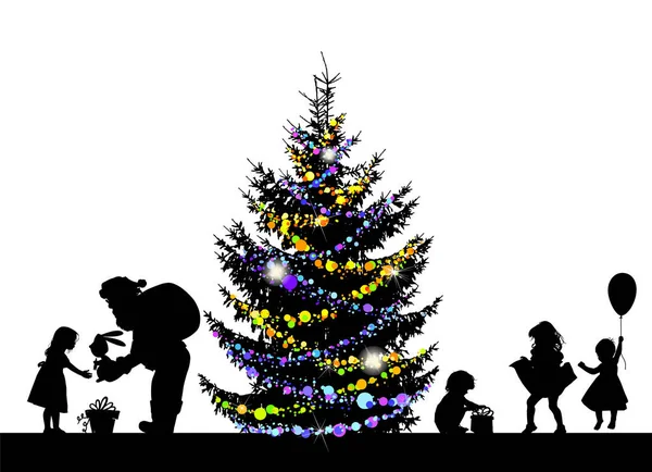 Die Silhouette des Weihnachtsmannes macht dem Mädchen ein Geschenk. Silhouetten von Kindern für das neue Jahr. Festbaum. Vektorillustration — Stockvektor