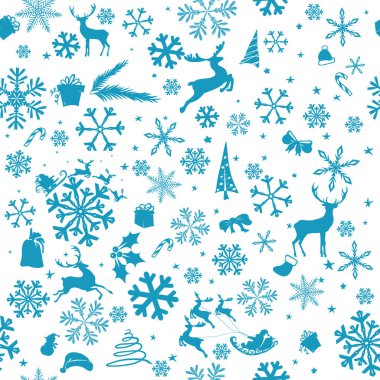 Kar taneleri ve geyiklerin olduğu kusursuz bir Noel geçmişi var. Vektör illüstrasyonu