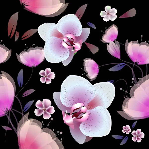 Η απρόσκοπτη φόντο είναι όμορφο ροζ λουλούδια με ορχιδέες. Λουλούδια σε μαύρο φόντο. Διάνυσμα — Διανυσματικό Αρχείο