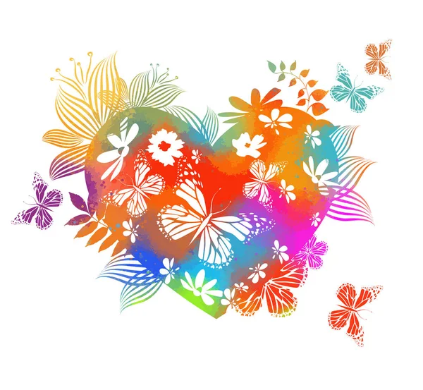 The multi-colored heart with flowers and twigs is abstract. Happy Valentine's Day. Vector — Stock Vector