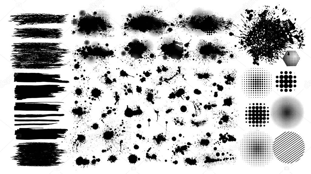 Set of blots. Black spots of paint on a white background. Grunge frame of paint. Vector