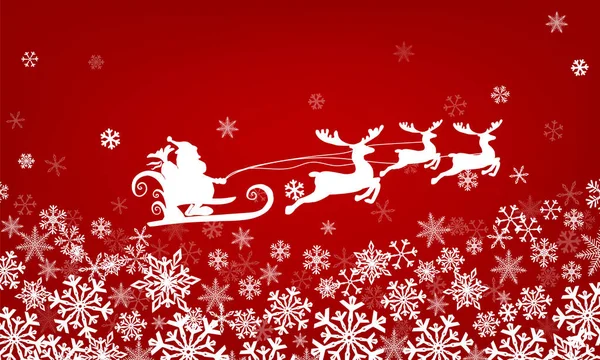 Fondo rojo con copos de nieve. Santa Claus está volando en un trineo a través del cielo en ciervos. Vector — Archivo Imágenes Vectoriales