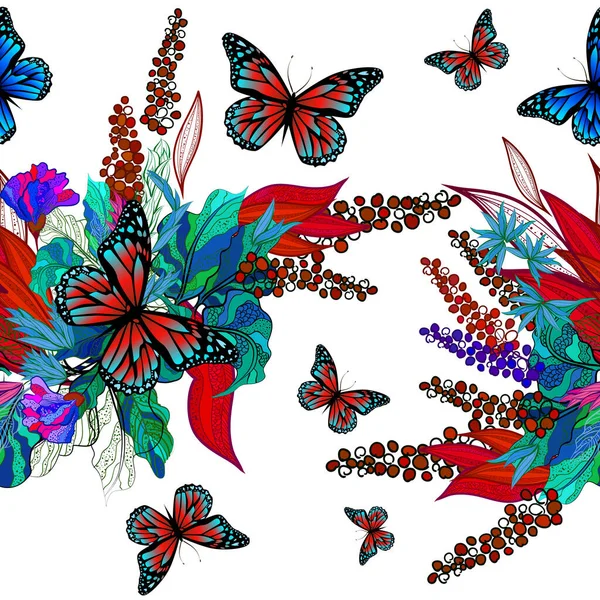 Abstraction de fleurs avec des papillons. Fond floral abstrait sans couture. Vecteur — Image vectorielle