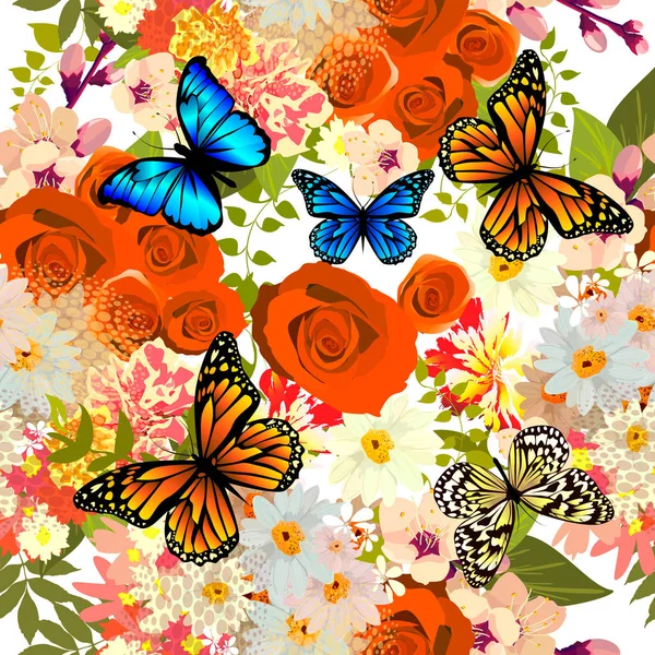 Ein nahtloser Hintergrund mit verschiedenen Blumen und Schmetterlingen. Vektor — Stockvektor