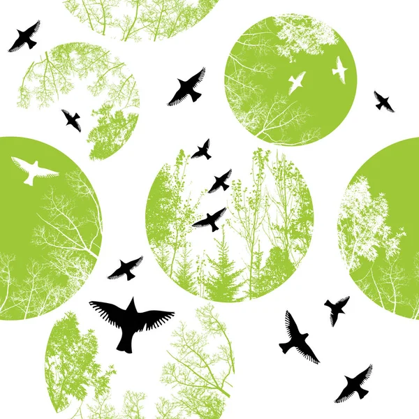 Fondo sin costuras abstracto con círculos de árboles y aves. Vector — Archivo Imágenes Vectoriales