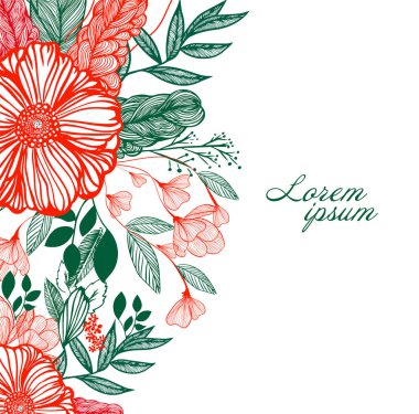 Yeşil yapraklı, kırmızı ve yeşil renkli grafikler. Kartpostallar için arka plan. Vektör