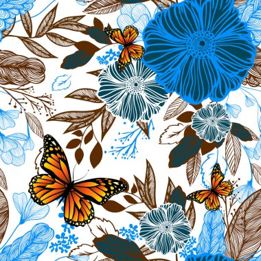 Kusursuz arka plan kelebekli güzel grafik çiçekleridir. Vektör illüstrasyonu