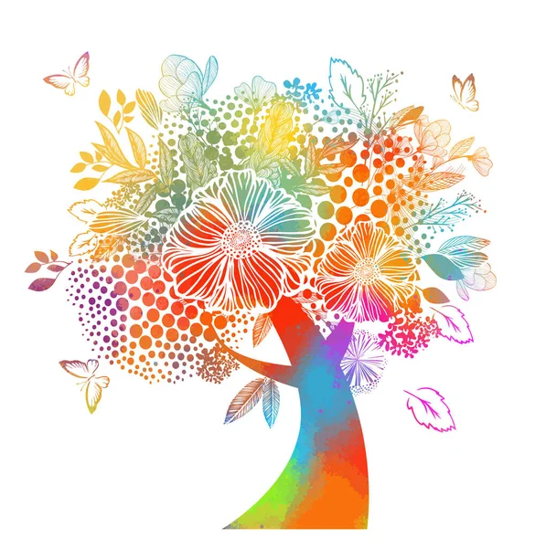 Αφηρημένη πολύχρωμο δέντρο λουλουδιών με πεταλούδες. Εικονογράφηση διανύσματος — Διανυσματικό Αρχείο