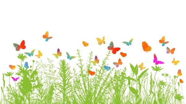 Beyaz arka planda çimen silueti. Çok renkli kelebekler var. Vektör illüstrasyonu