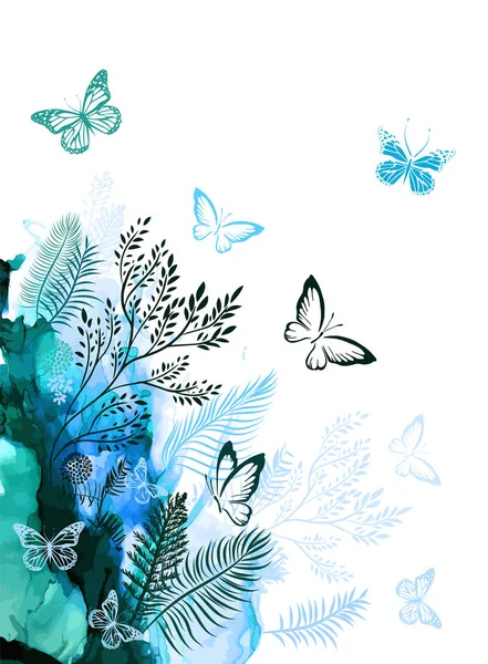 Blommig akvarell abstraktion med fjärilar. Vektorillustration — Stock vektor
