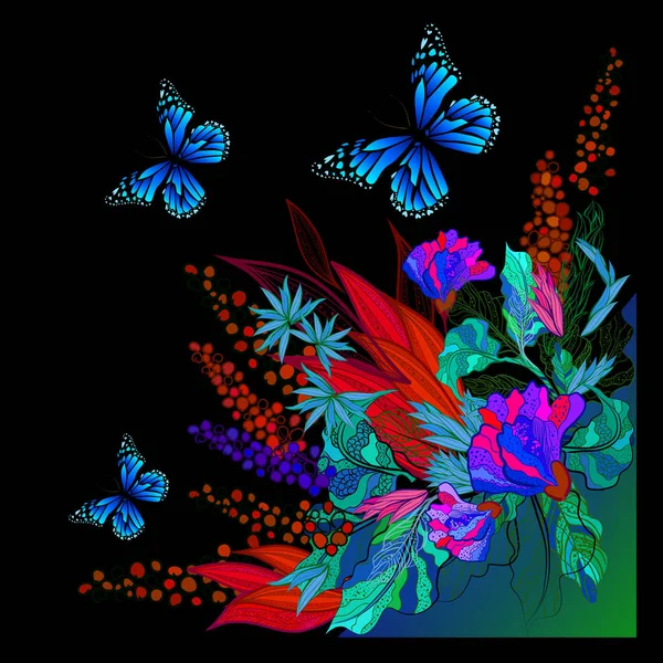 Duhová abstraktní květina s motýly. Vektorová ilustrace — Stockový vektor